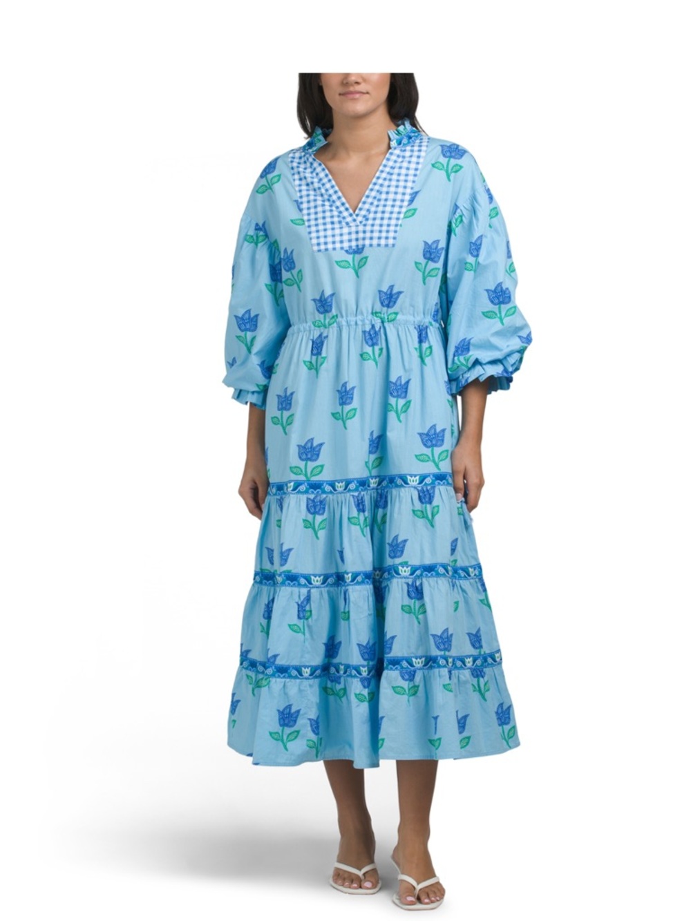 Printfresh Light Blue Floral Gingham Panel Maxi Dress NWT